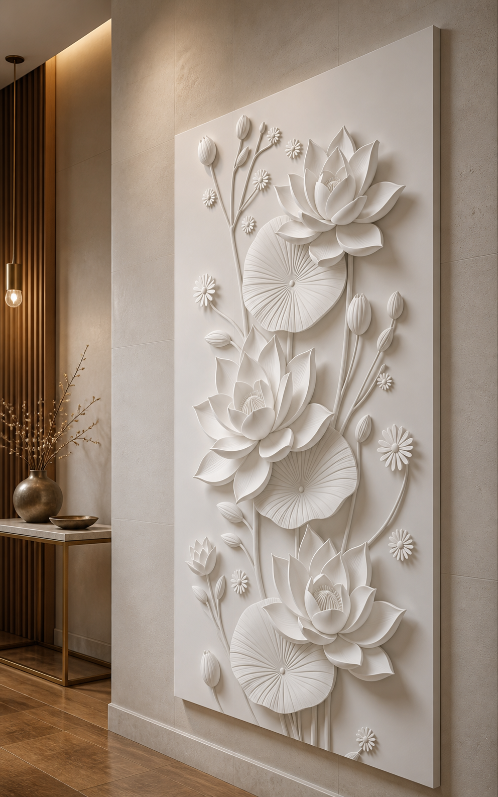 Lotus Pond Harmony satin white Corian wall panel, right view in the Worli apartment entrance foyer