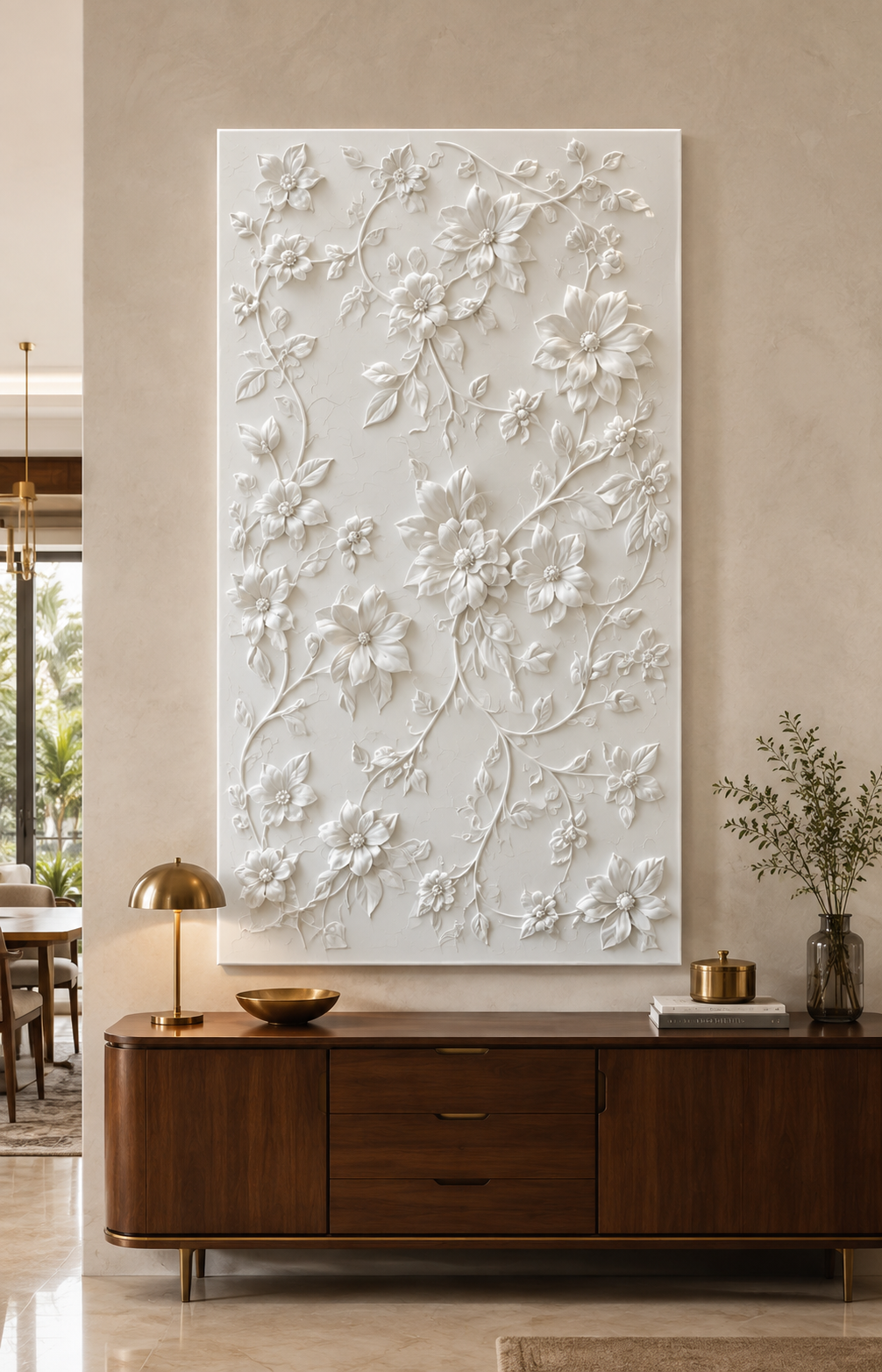 Wildflower Vine Tapestry satin white Corian wall panel, front view in the Bandra dining room