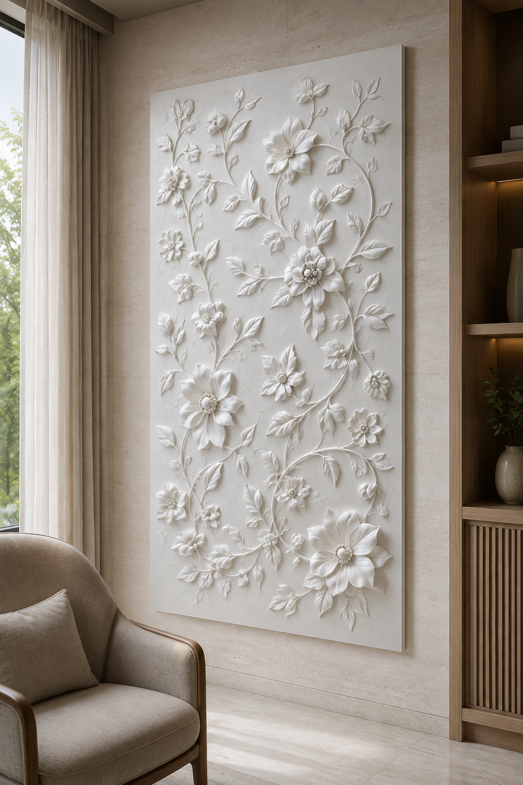 Wildflower Vine Tapestry satin white Corian wall panel, left view in the Powai family lounge