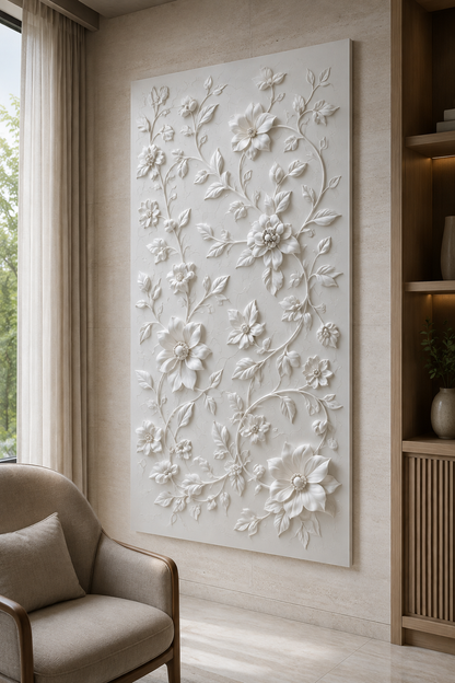 Wildflower Vine Tapestry satin white Corian wall panel, left view in the Powai family lounge