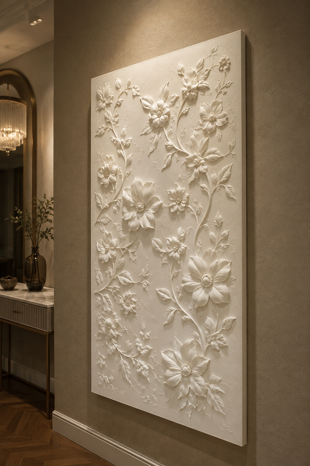 Wildflower Vine Tapestry satin white Corian wall panel, right view in the Cuffe Parade bedroom foyer