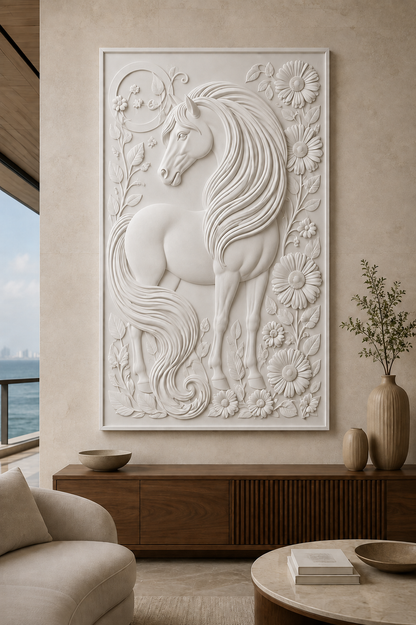 Equine Garden Crest satin white Corian wall panel, front view in the sea-facing Worli living room