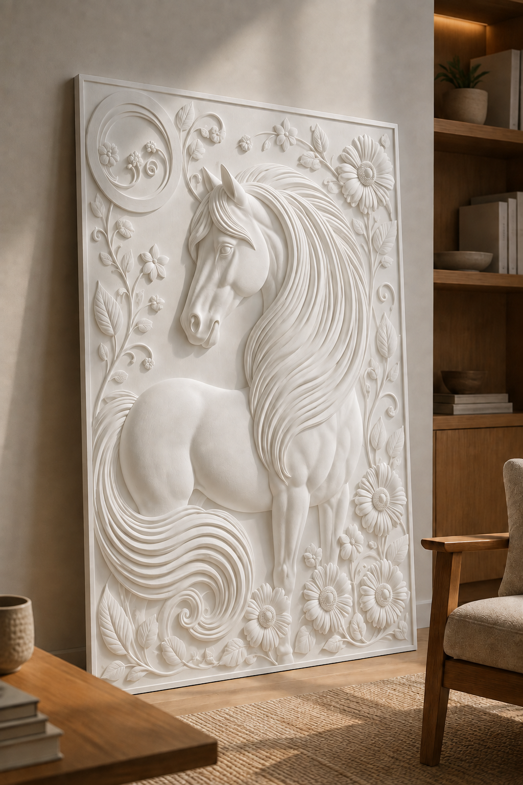 Equine Garden Crest satin white Corian wall panel, left view in the Powai study lounge