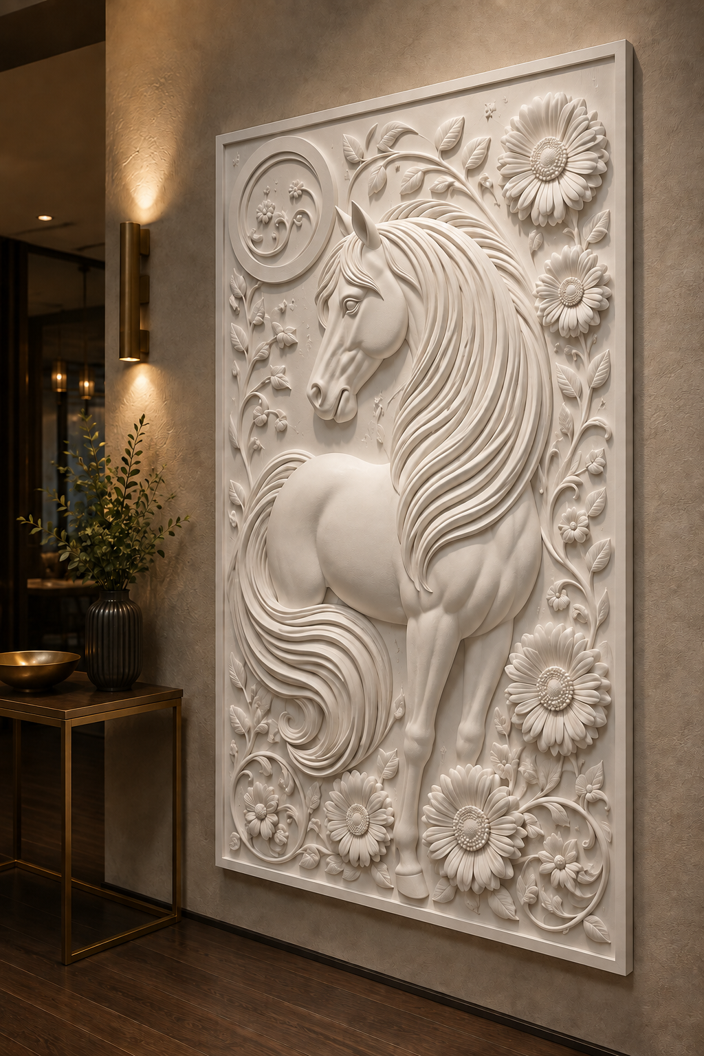 Equine Garden Crest satin white Corian wall panel, right view in the Bandra dining foyer