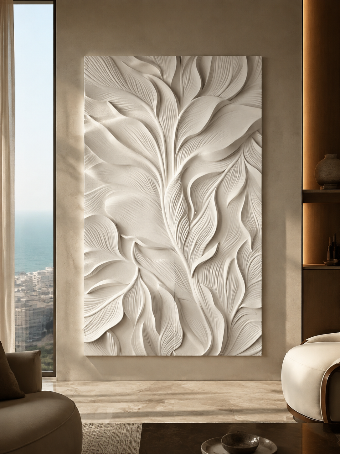 Feather Dune Cascade satin white Corian wall panel, front view in the Worli sea-view living room