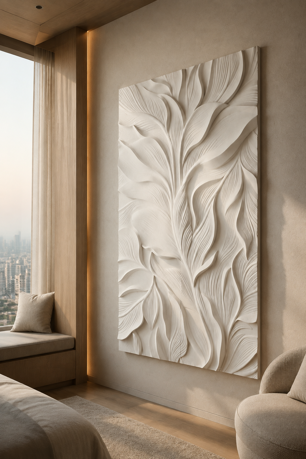 Feather Dune Cascade satin white Corian wall panel, left view in the Malabar Hill master-bedroom lounge