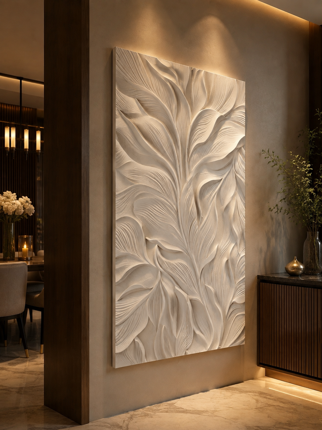Feather Dune Cascade satin white Corian wall panel, right view in the Bandra duplex dining foyer