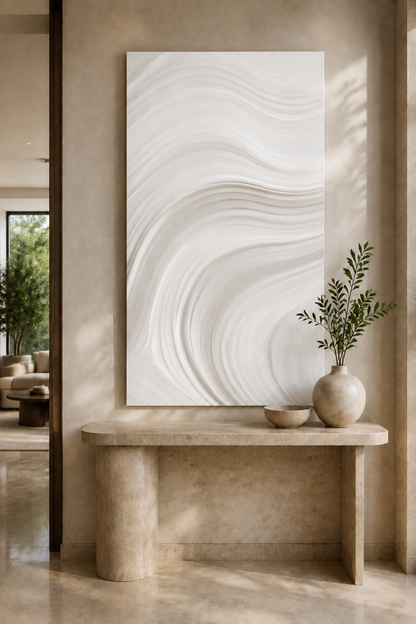 Sand Current Arc satin white Corian wall panel, front view in the South Mumbai entrance foyer