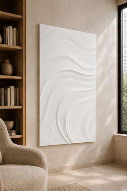 Sand Current Arc satin white Corian wall panel, left view in the Powai reading lounge