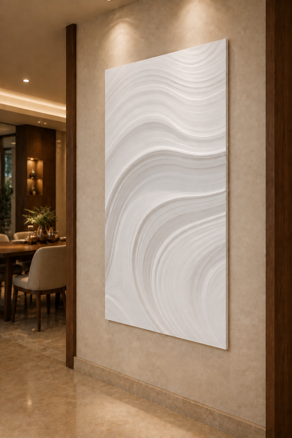Sand Current Arc satin white Corian wall panel, right view in the Juhu dining passage