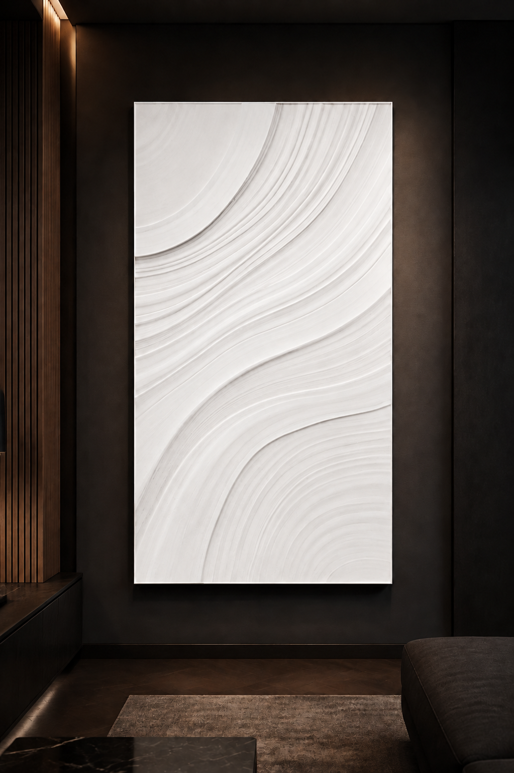 Orbital Sand Drift satin white Corian wall panel, front view in the Lower Parel media lounge