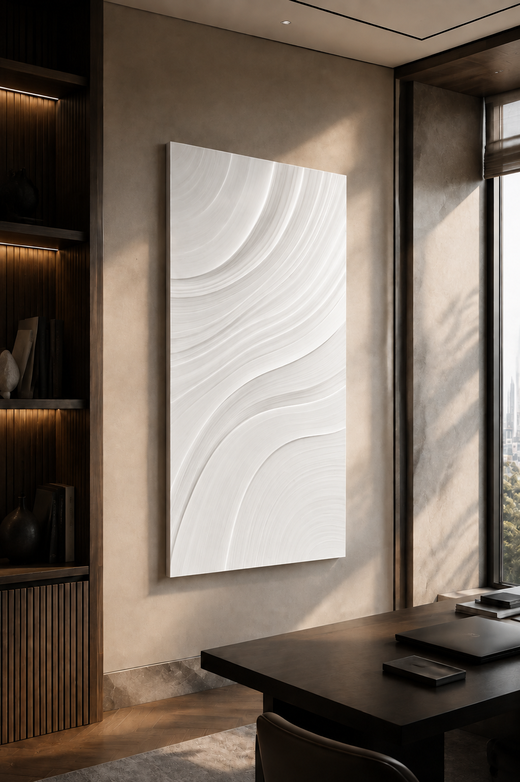 Orbital Sand Drift satin white Corian wall panel, left view in the BKC home office