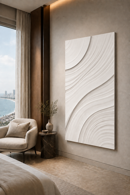 Orbital Sand Drift satin white Corian wall panel, right view in the Marine Drive bedroom sitting area