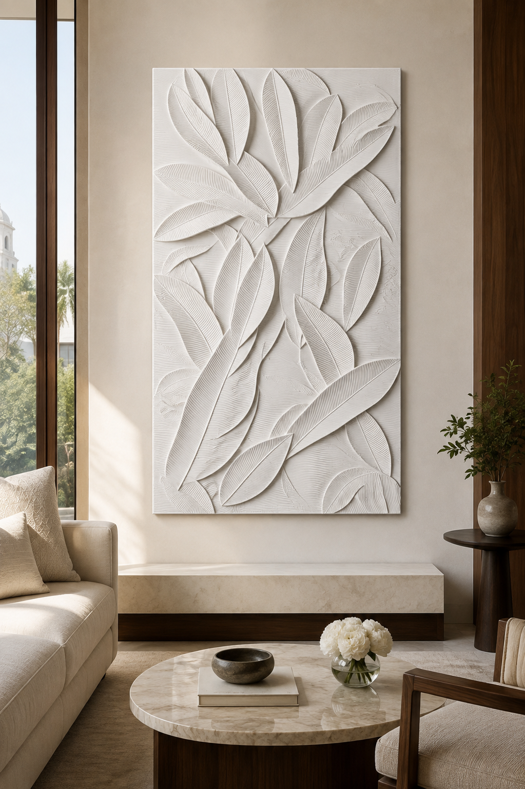 Botanical Leaf Mosaic satin white Corian wall panel, front view in the Malabar Hill living room