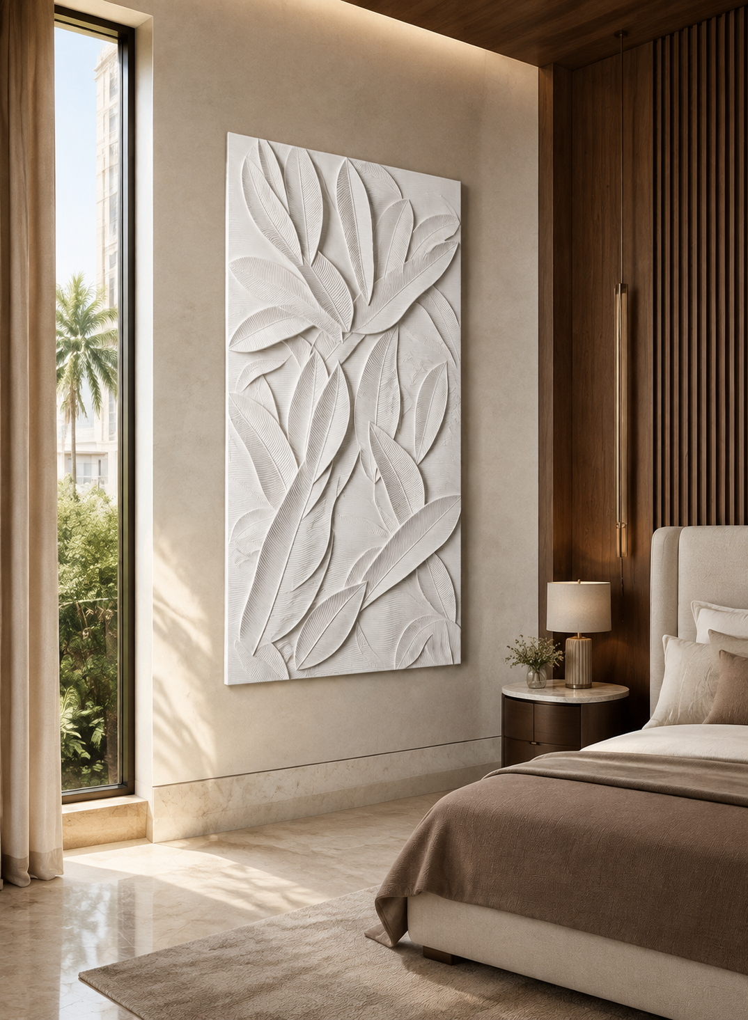Botanical Leaf Mosaic satin white Corian wall panel, left view in the Bandra master bedroom