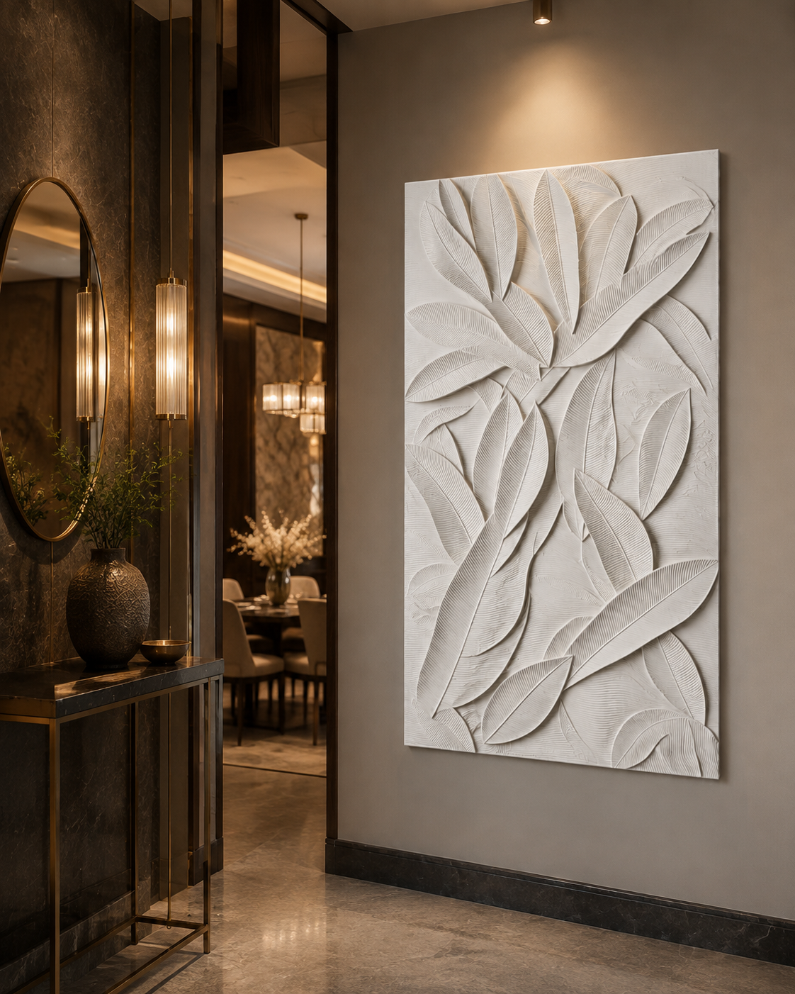 Botanical Leaf Mosaic satin white Corian wall panel, right view in the BKC dining foyer