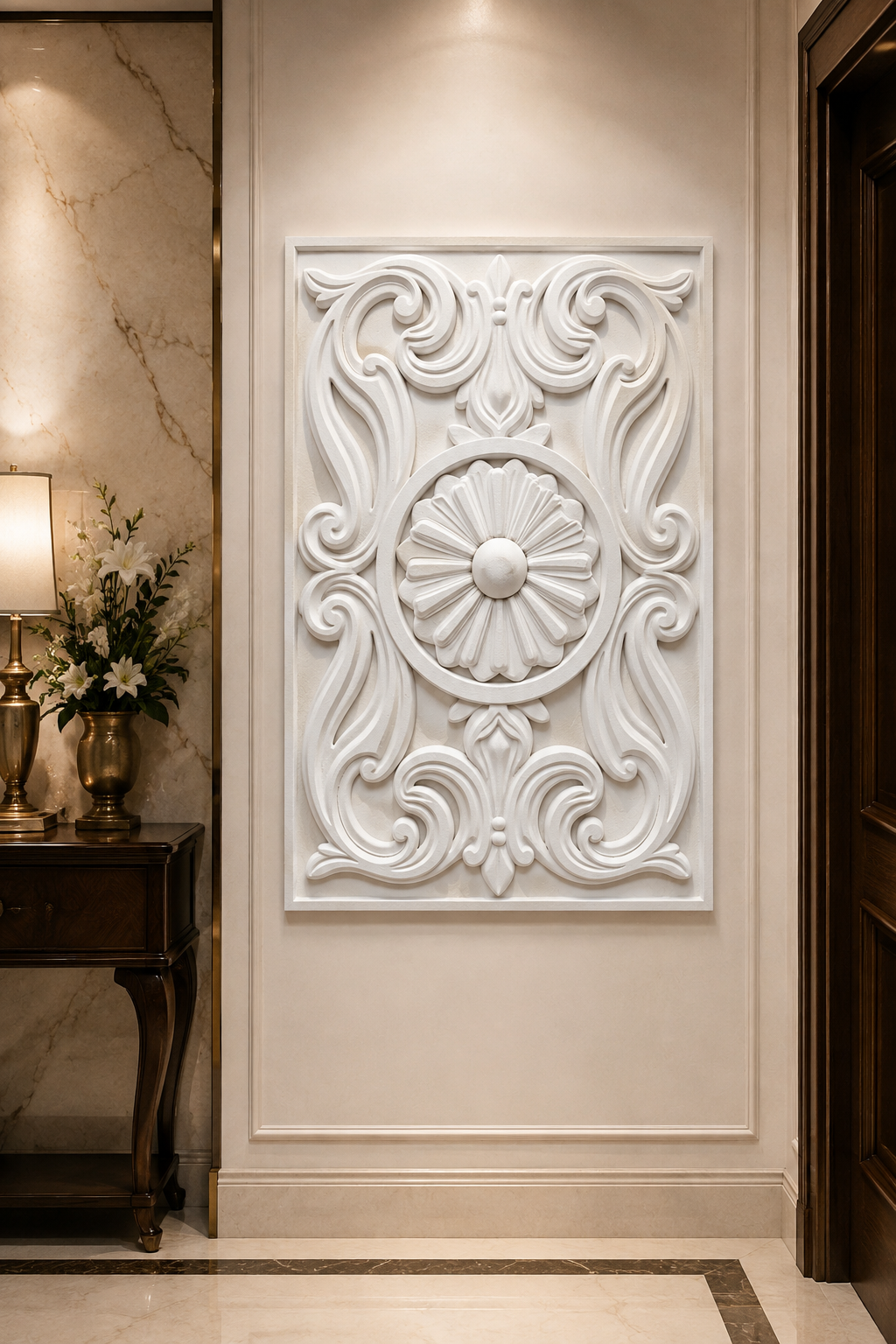Imperial Rosette Scroll satin white Corian wall panel, front view in the South Mumbai entrance foyer