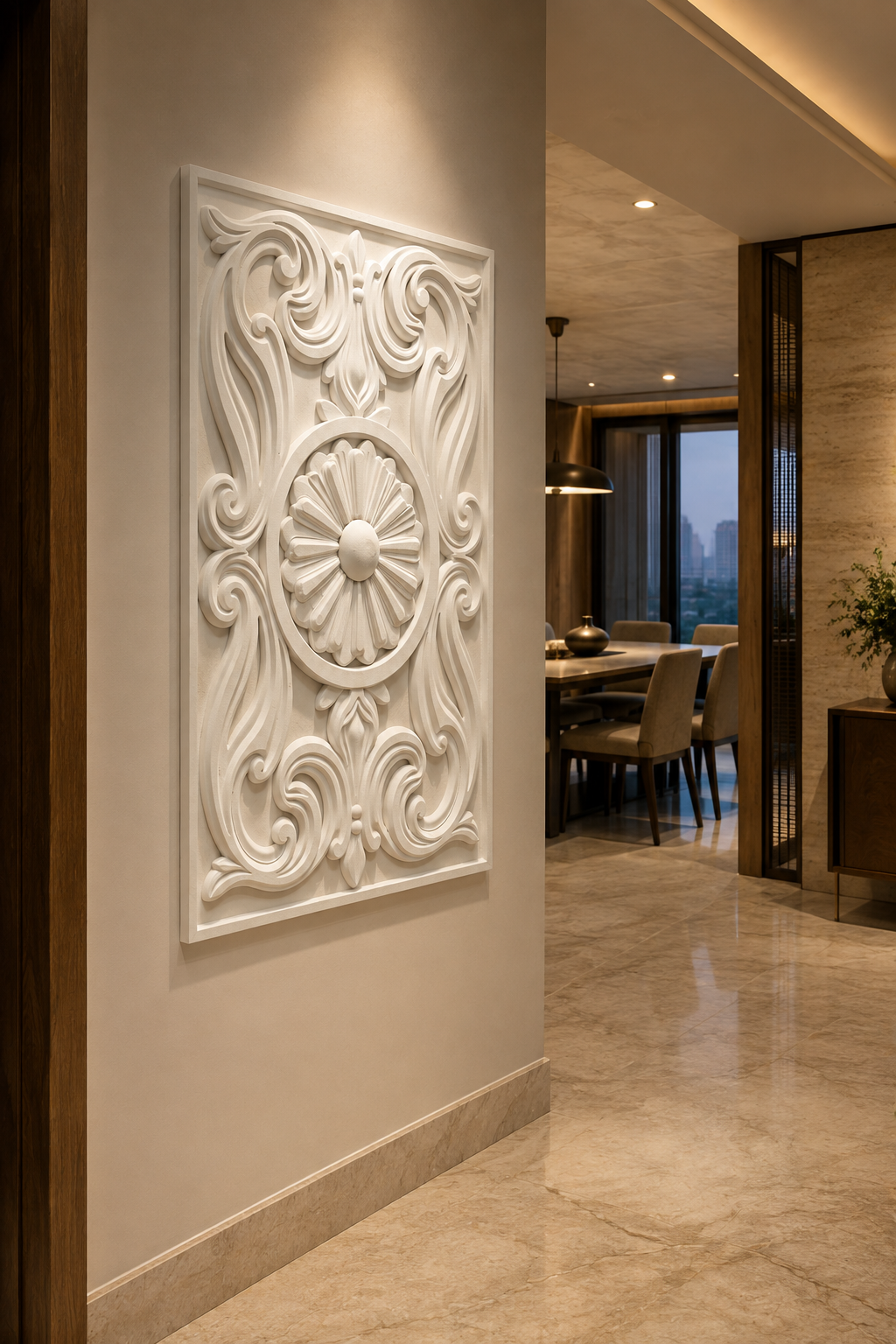 Imperial Rosette Scroll satin white Corian wall panel, left view in the Worli dining passage