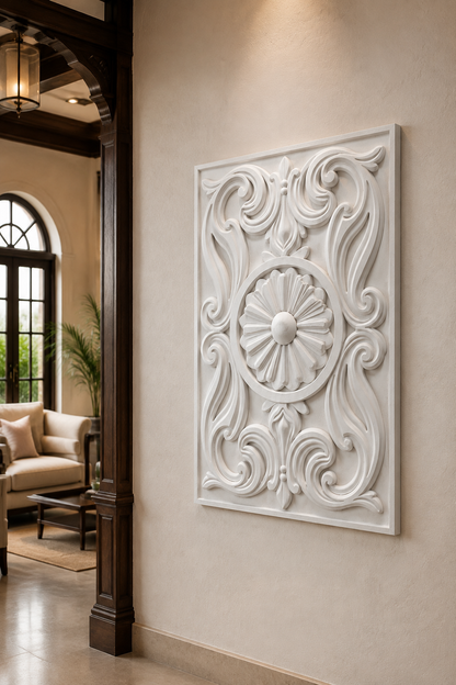 Imperial Rosette Scroll satin white Corian wall panel, right view in the Fort heritage-modern living salon
