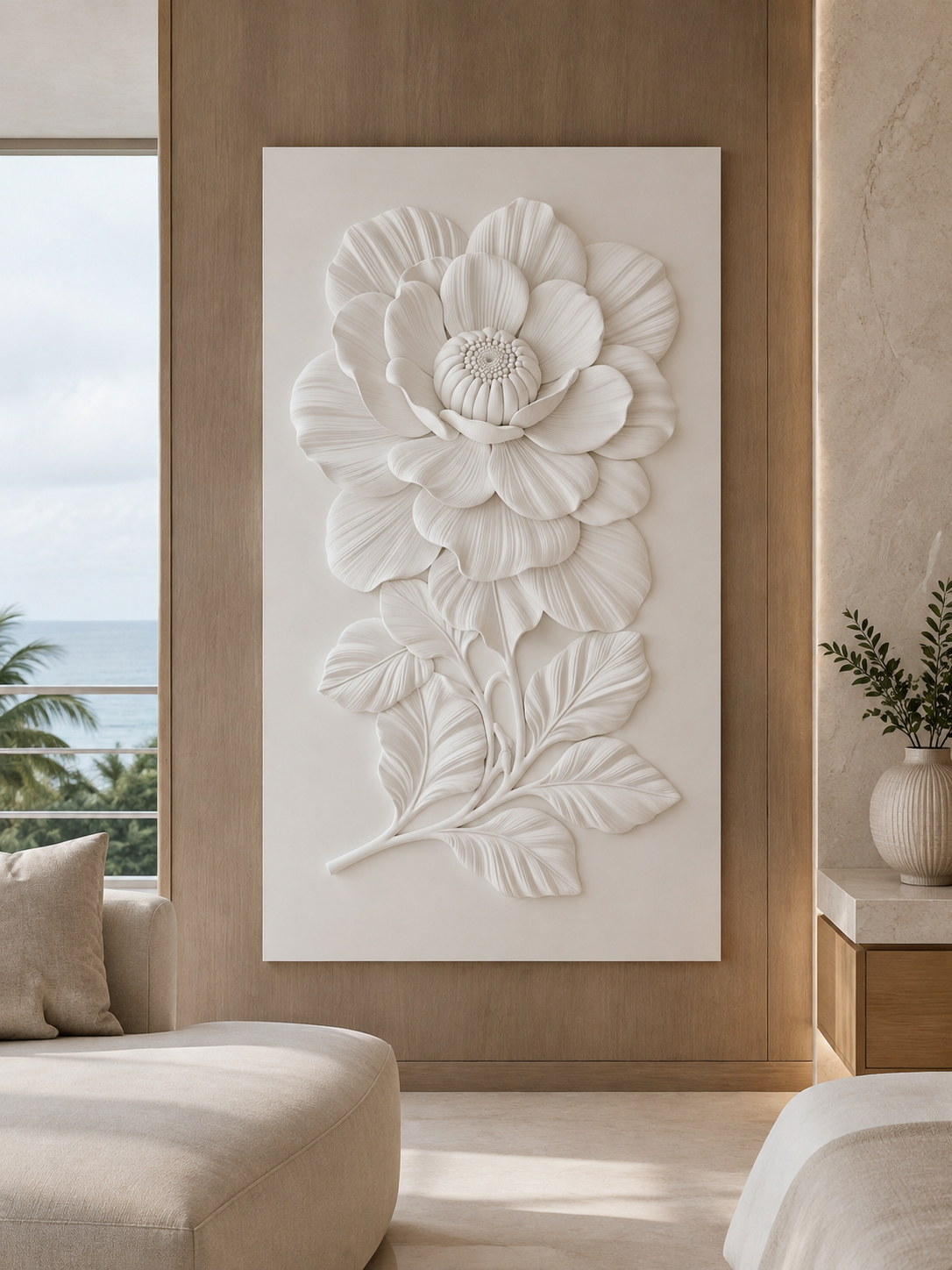 Grand Peony Stem satin white Corian wall panel, front view in the Juhu master-bedroom sitting area