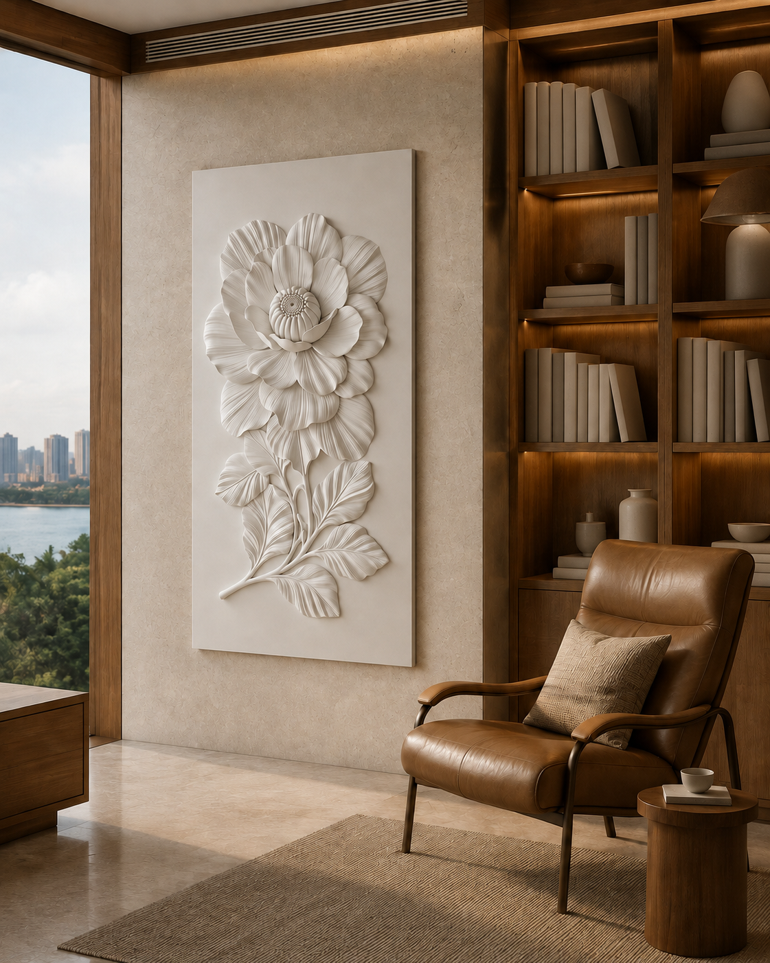 Grand Peony Stem satin white Corian wall panel, left view in the Powai reading lounge