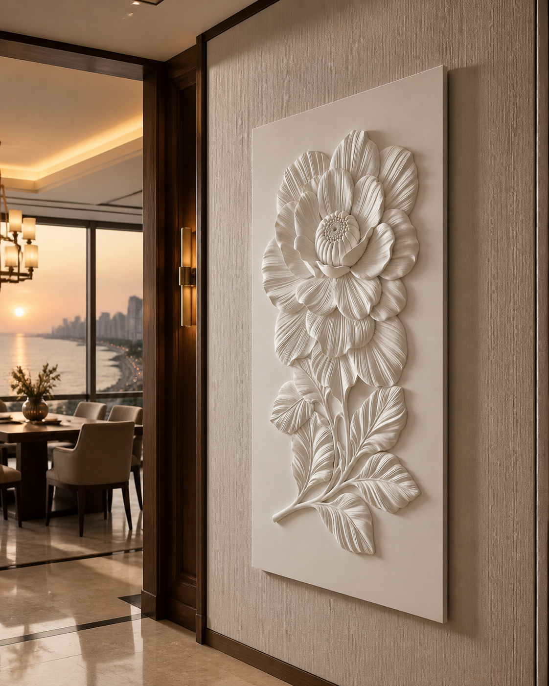 Grand Peony Stem satin white Corian wall panel, right view in the Marine Drive dining foyer