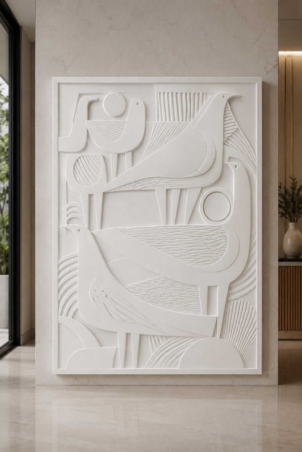 Geometric Flock satin white Corian wall panel, front view in the Worli entrance foyer