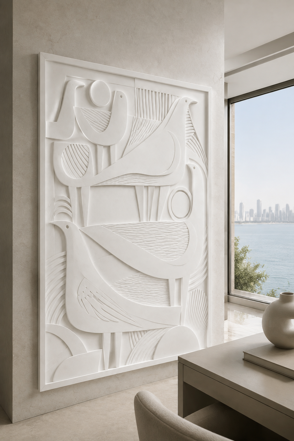 Geometric Flock satin white Corian wall panel, left view in the BKC home office lounge