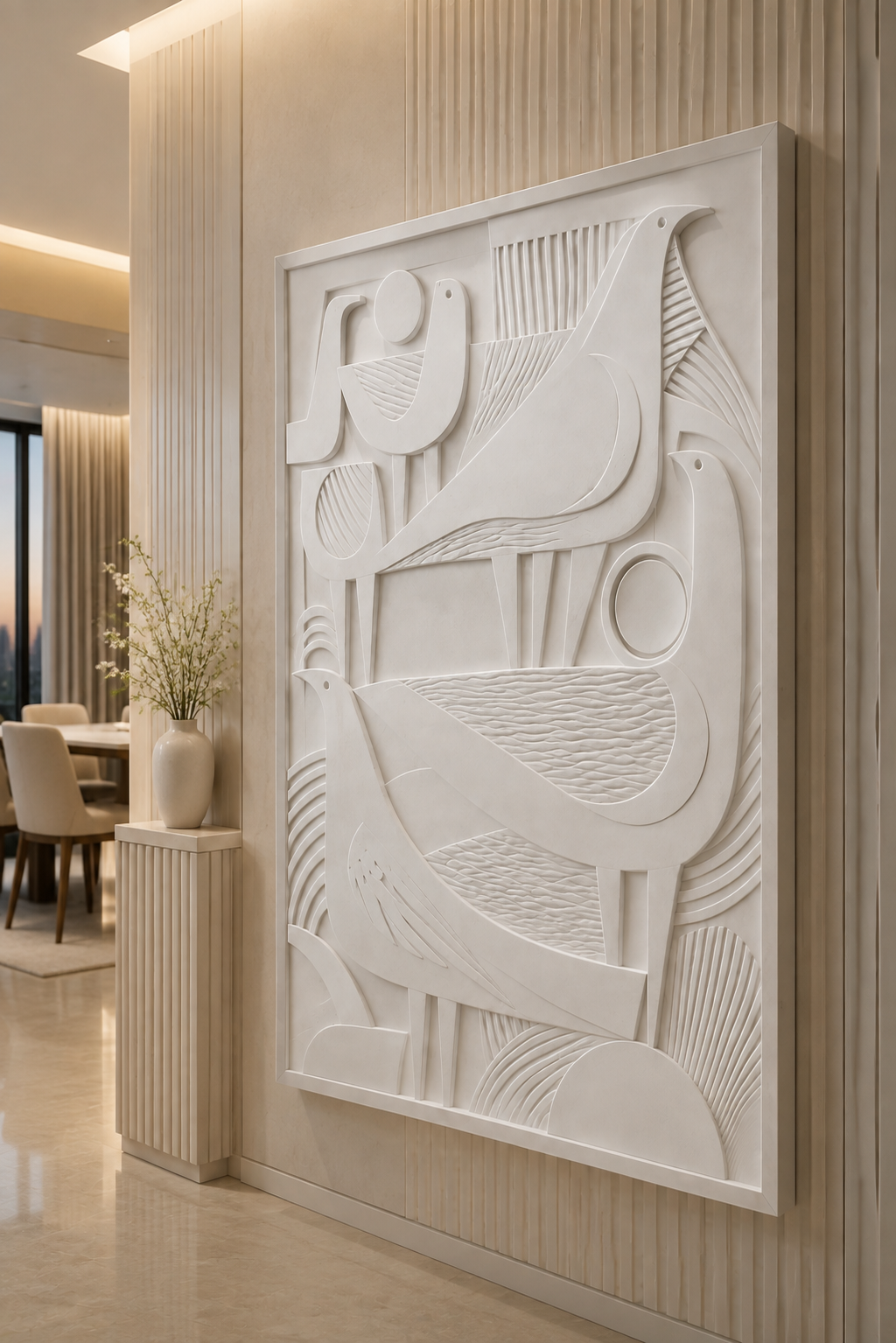 Geometric Flock satin white Corian wall panel, right view in the Lower Parel dining passage
