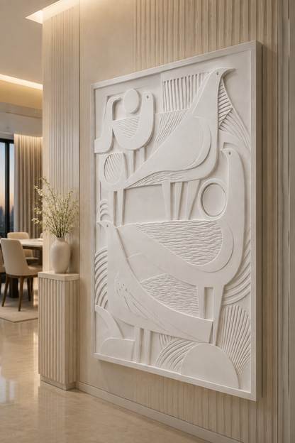 Geometric Flock satin white Corian wall panel, right view in the Lower Parel dining passage
