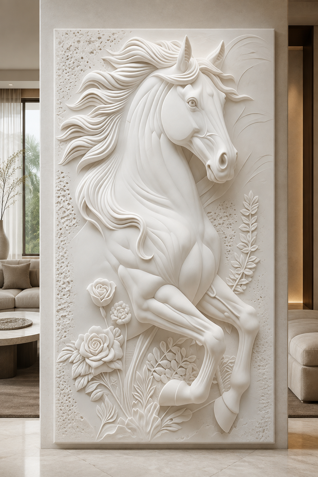 Floral Rearing Stallion satin white Corian wall panel, front view in the Malabar Hill living room