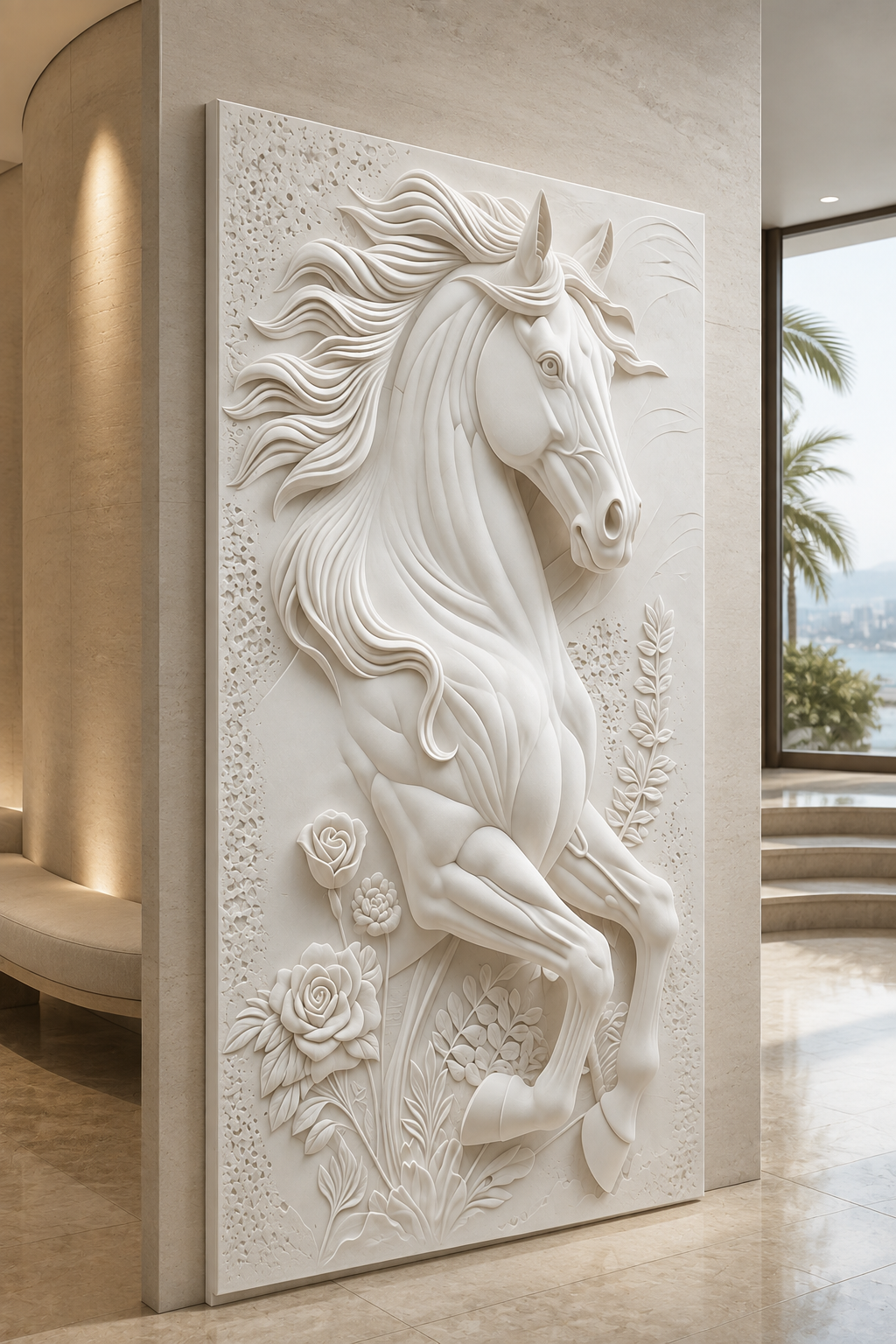 Floral Rearing Stallion satin white Corian wall panel, left view in the Juhu study lounge