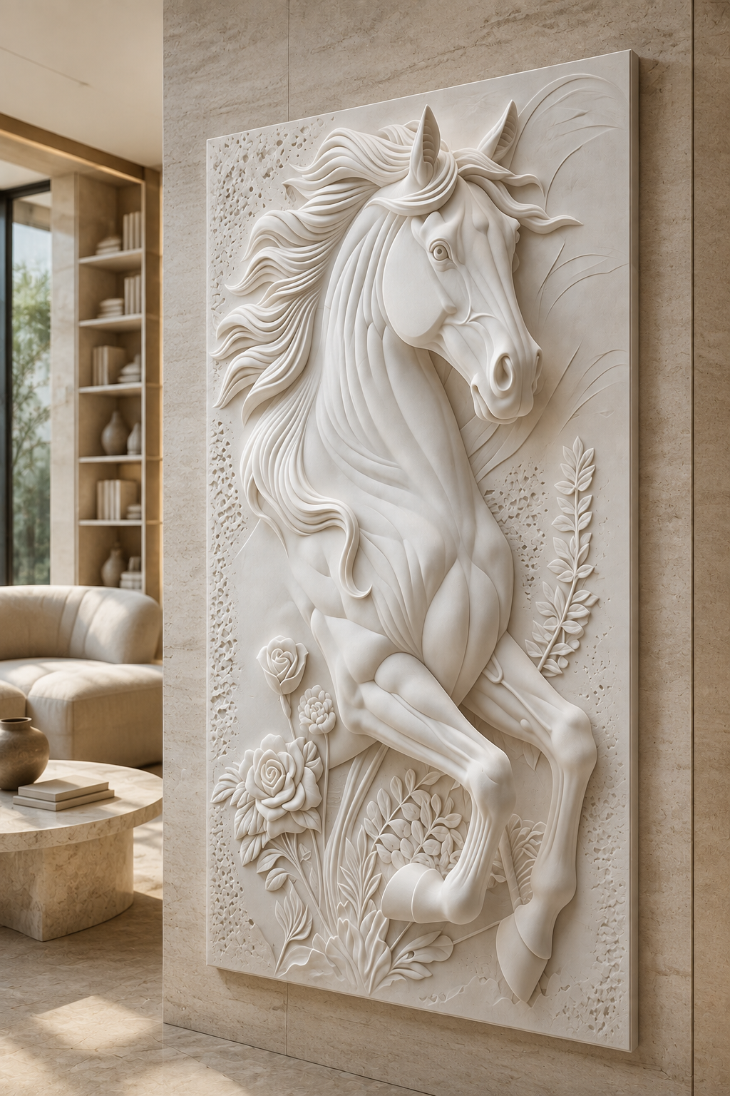 Floral Rearing Stallion satin white Corian wall panel, right view in the Worli dining foyer