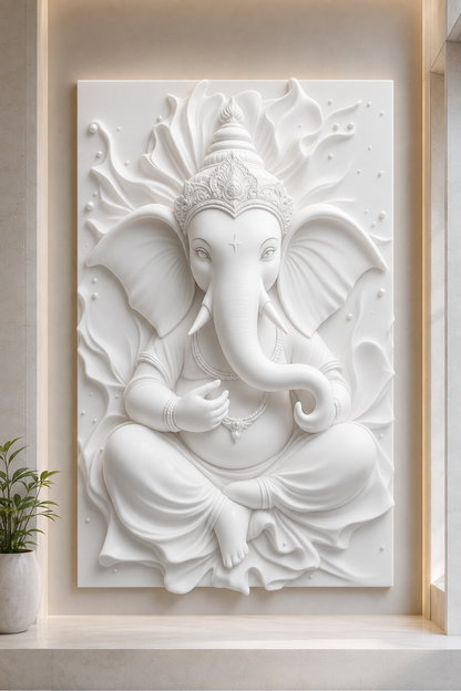 Crowned Ganesha Portrait satin white Corian wall panel, front view in the Ghatkopar pooja-room anteroom