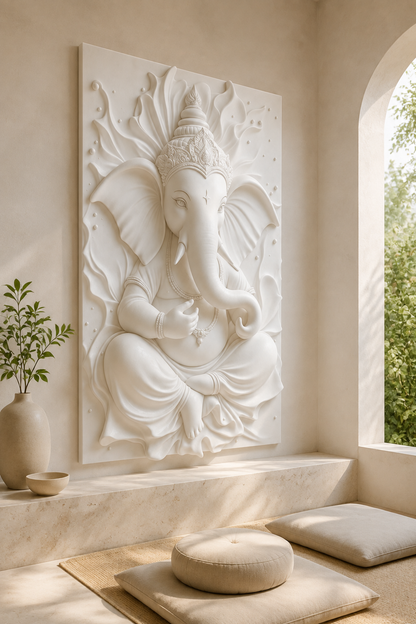 Crowned Ganesha Portrait satin white Corian wall panel, left view in the Juhu family prayer lounge