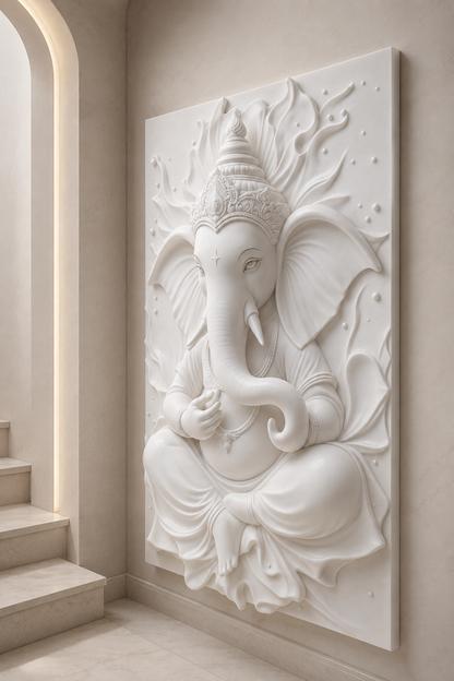Crowned Ganesha Portrait satin white Corian wall panel, right view in the South Mumbai entrance sanctuary