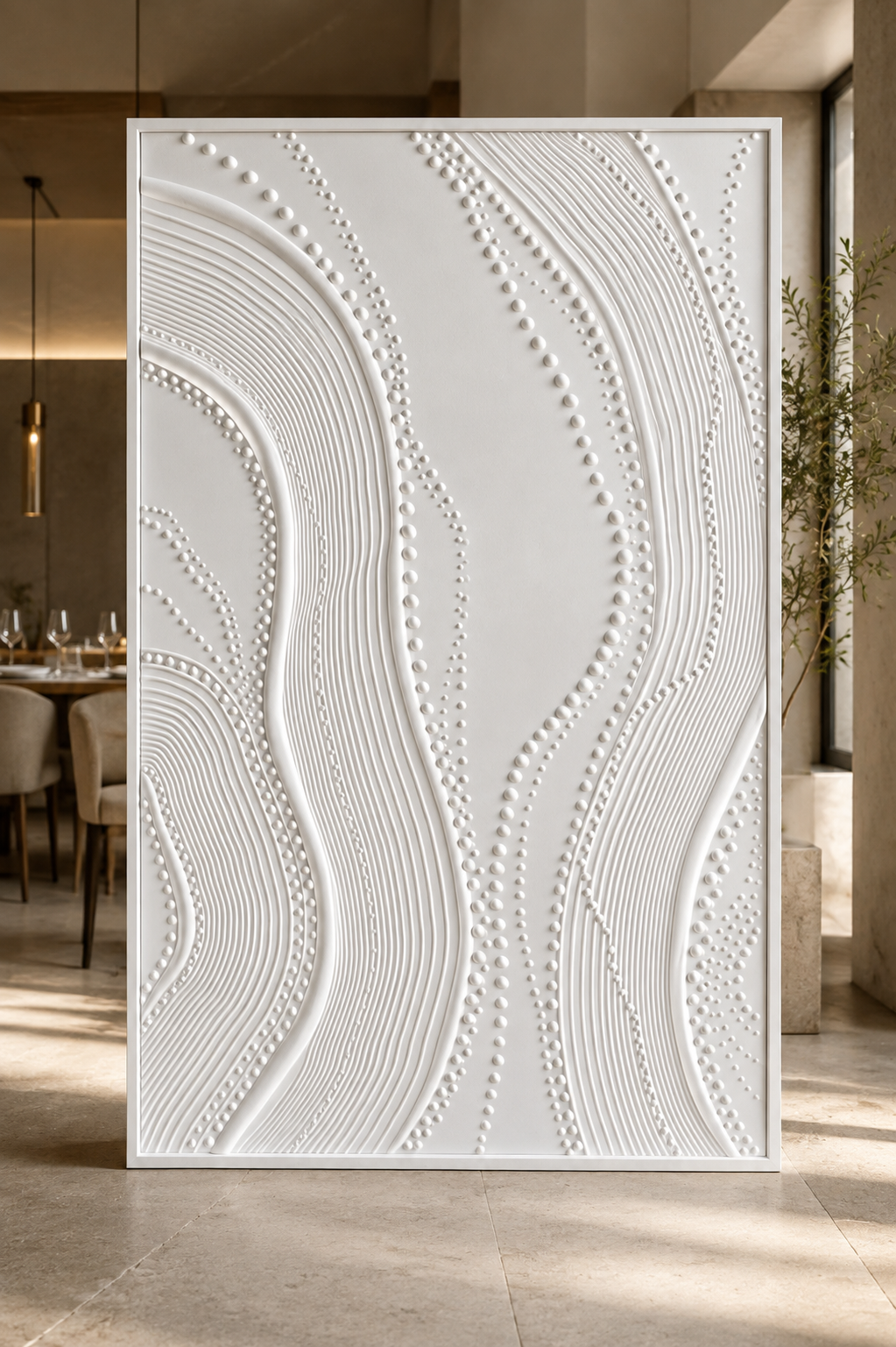 Beaded Contour Streams satin white Corian wall panel, front view in the Worli sea-view living room