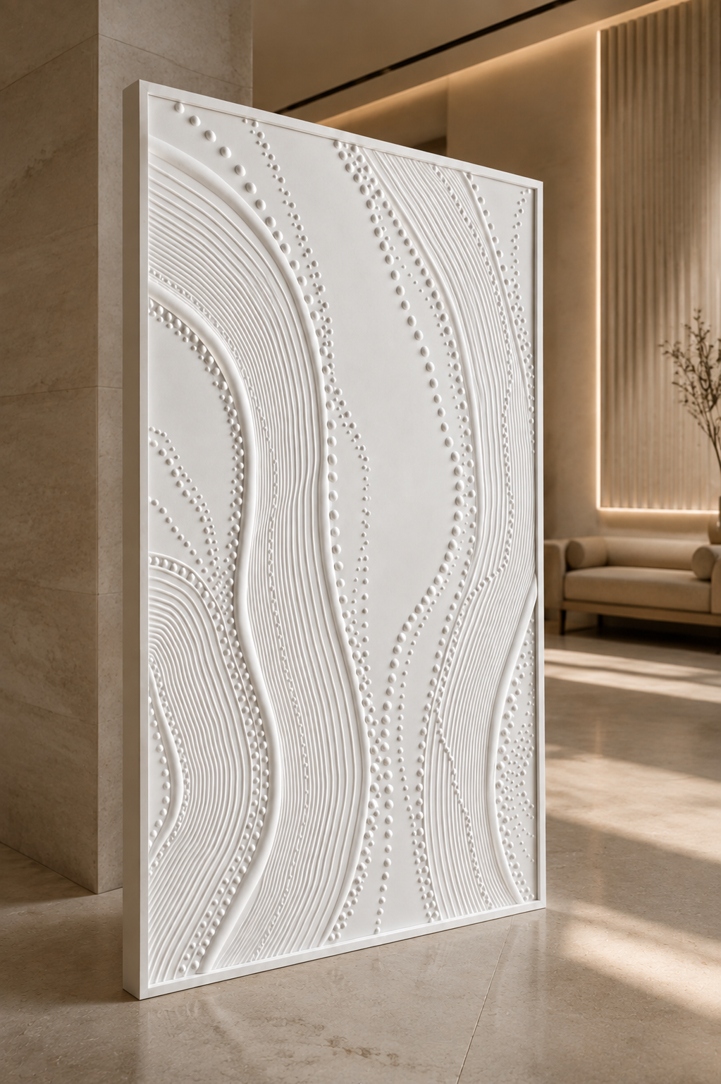 Beaded Contour Streams satin white Corian wall panel, left view in the Powai media lounge