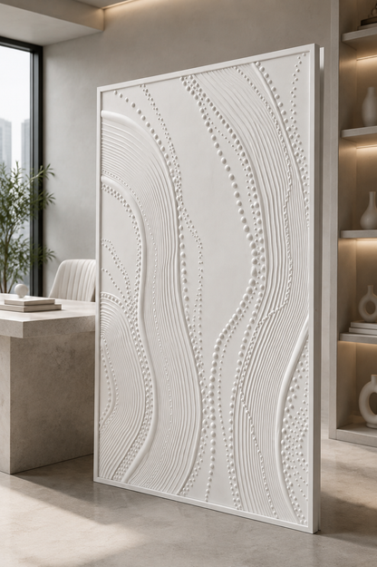 Beaded Contour Streams satin white Corian wall panel, right view in the Bandra dining room