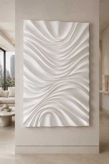 Ribbon Confluence satin white Corian wall panel, front view in the Lower Parel living lounge