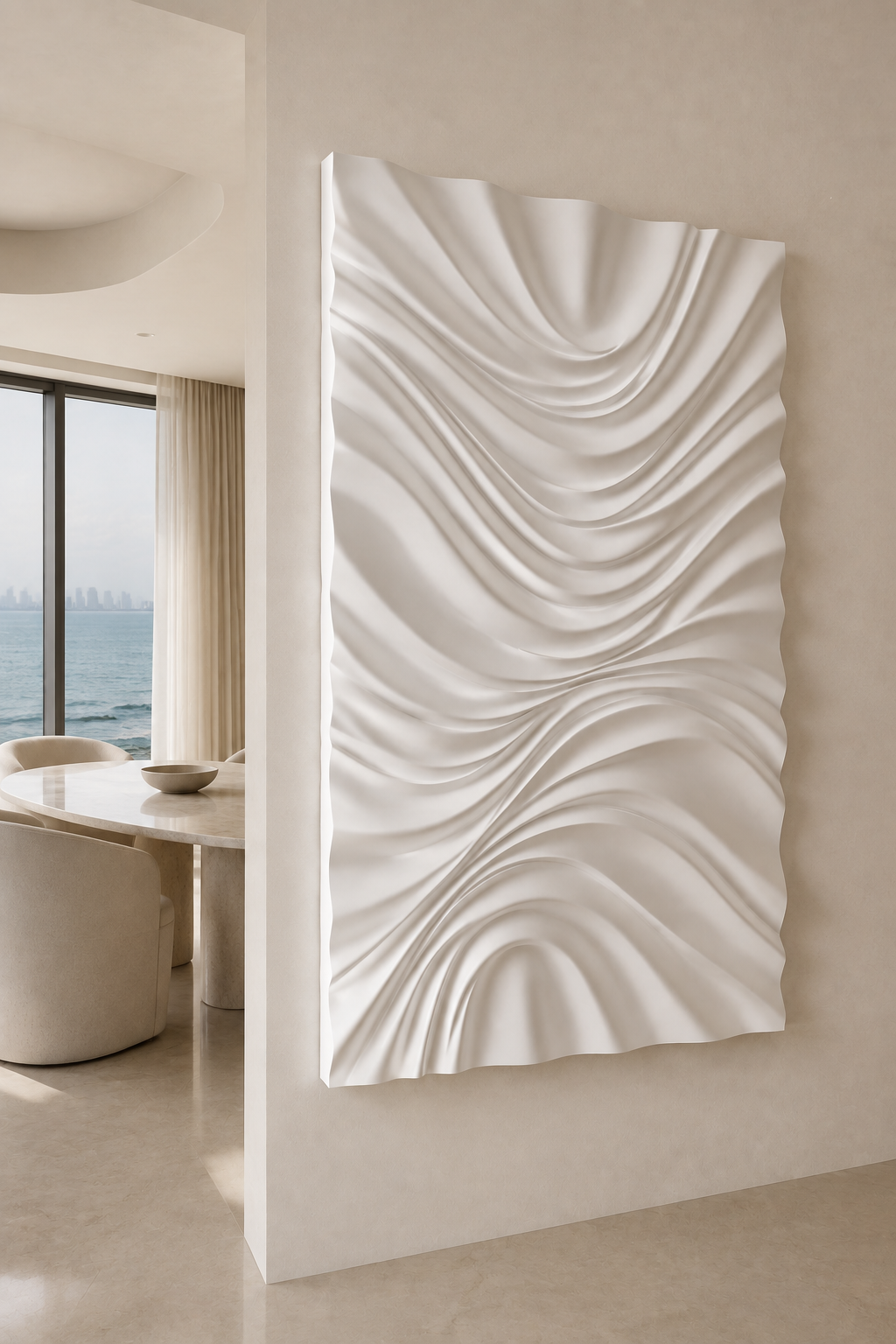 Ribbon Confluence satin white Corian wall panel, left view in the BKC executive study
