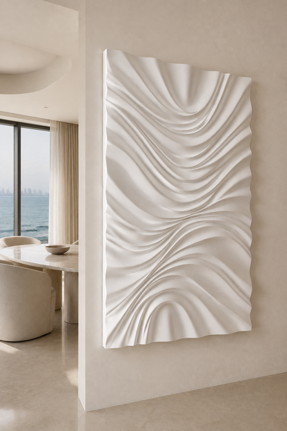 Ribbon Confluence satin white Corian wall panel, left view in the BKC executive study