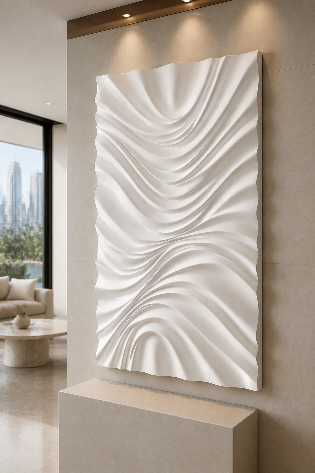 Ribbon Confluence satin white Corian wall panel, right view in the Marine Drive dining alcove