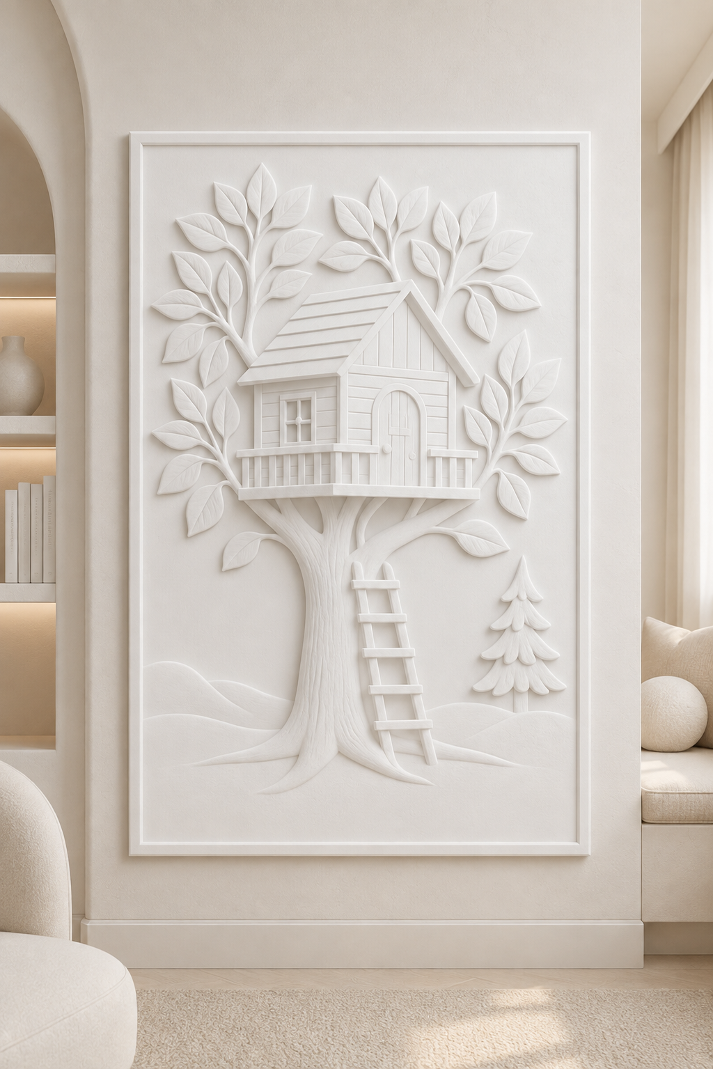 Treehouse Canopy satin white Corian wall panel, front view in the Juhu family lounge