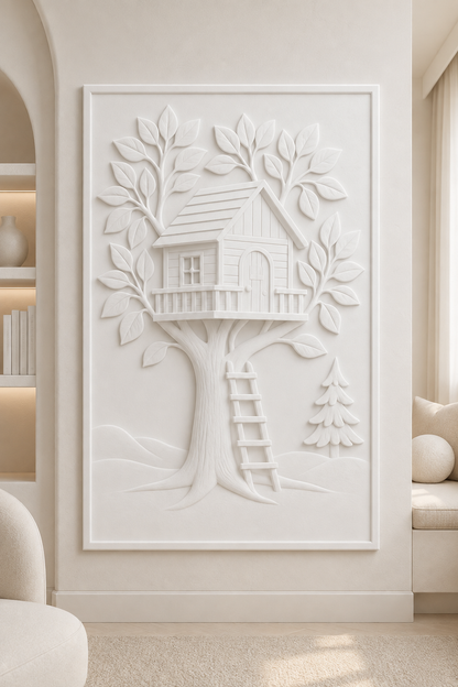 Treehouse Canopy satin white Corian wall panel, front view in the Juhu family lounge