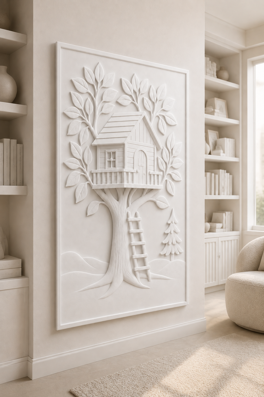 Treehouse Canopy satin white Corian wall panel, left view in the Powai children's reading room
