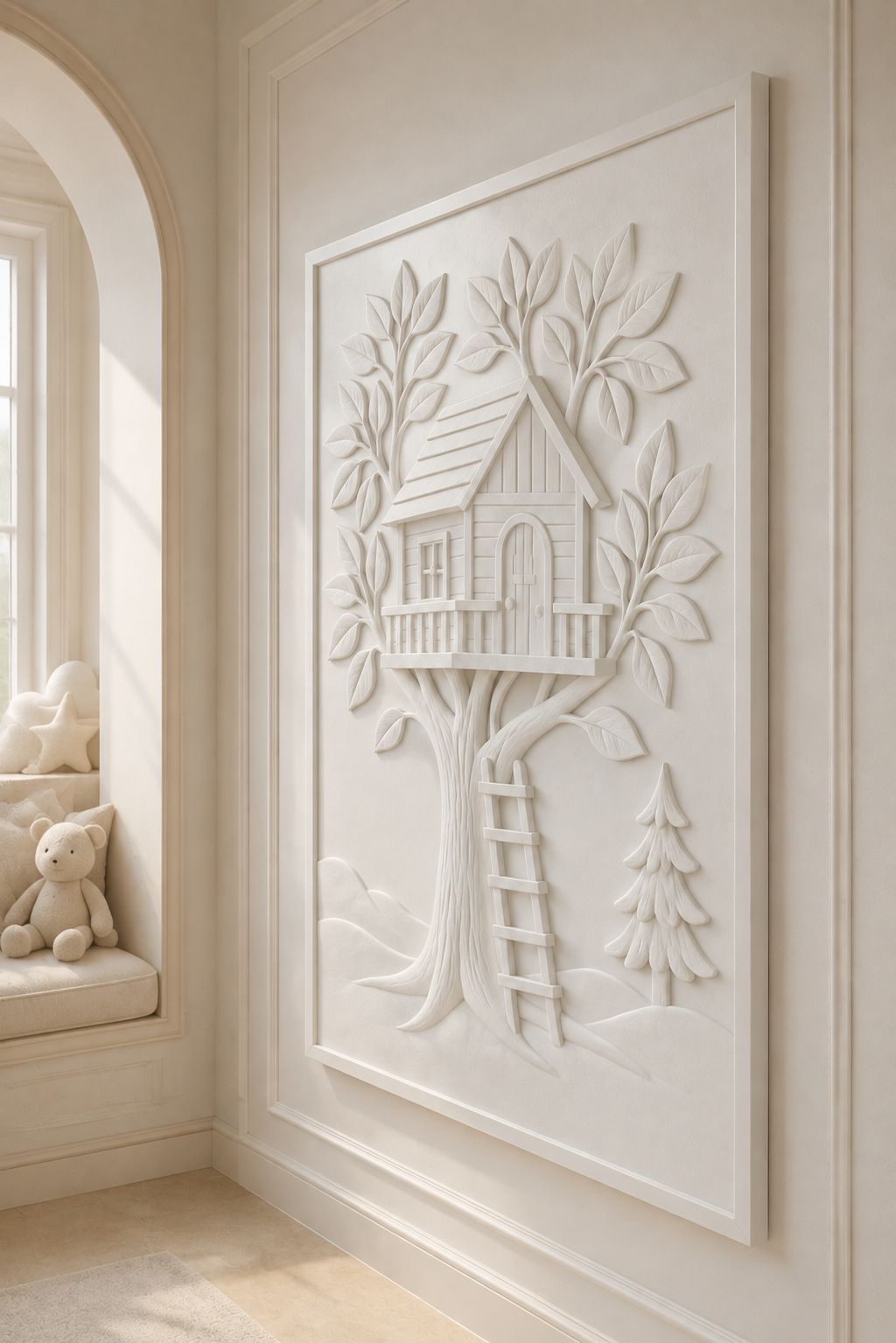 Treehouse Canopy satin white Corian wall panel, right view in the Bandra breakfast nook