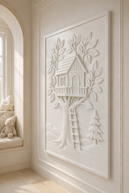 Treehouse Canopy satin white Corian wall panel, right view in the Bandra breakfast nook