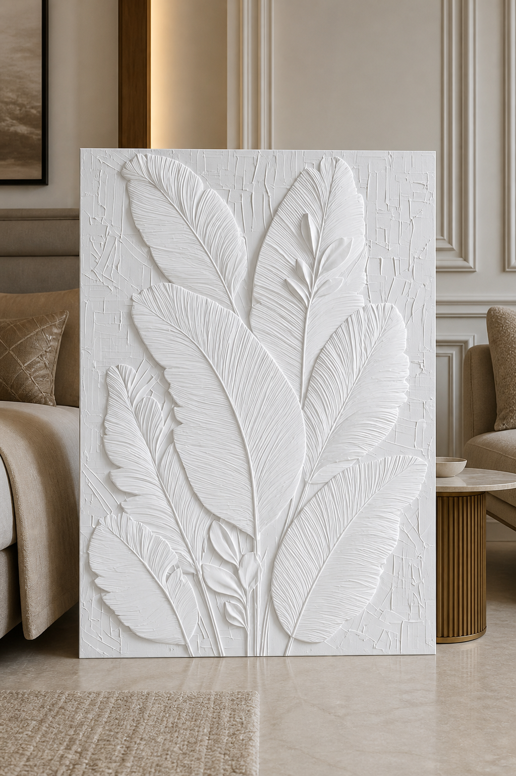 Feather Frond Ensemble satin white Corian wall panel, front view in the Peddar Road entrance foyer