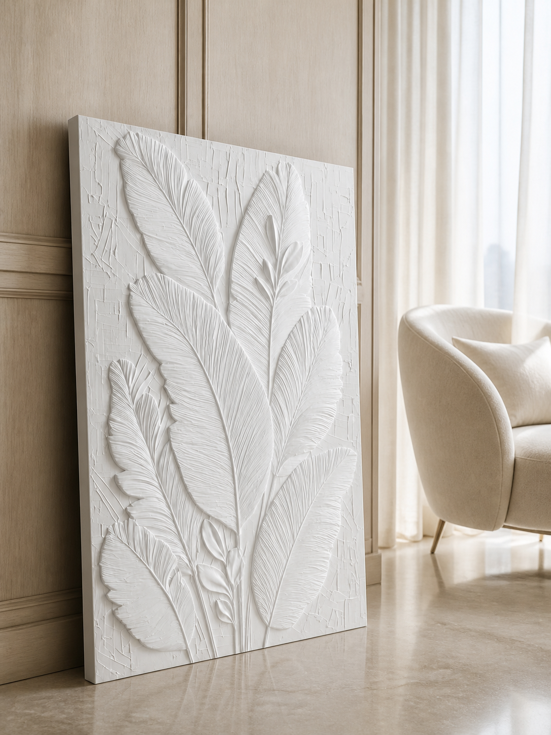 Feather Frond Ensemble satin white Corian wall panel, left view in the Juhu master-bedroom lounge